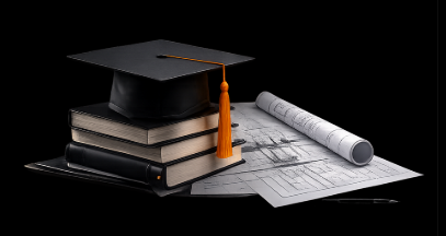 Graduation cap and architectural plans